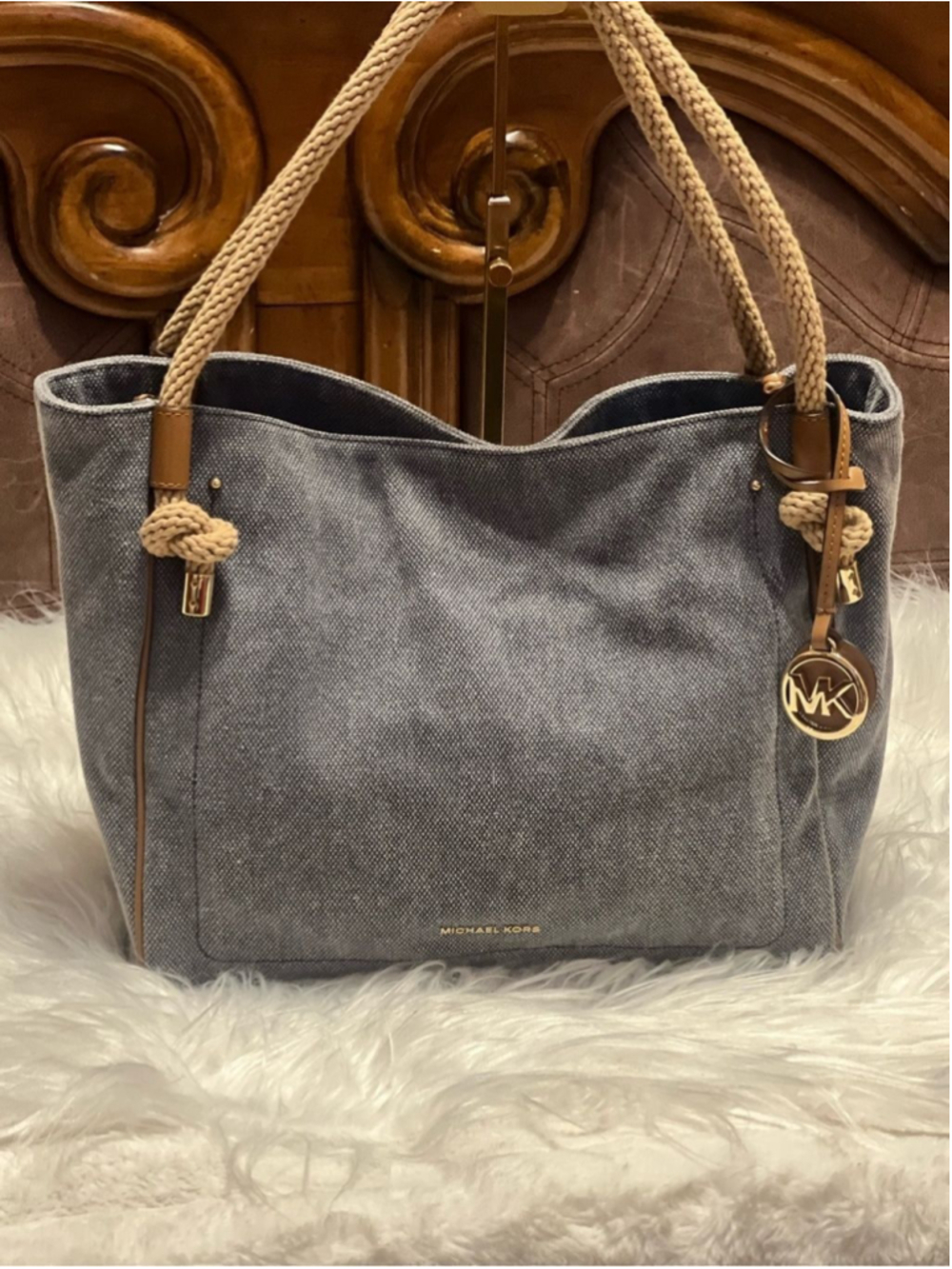 Michael Kors Denim-Style Rope in Light Blue with Gold Accents tote bag - Picture 8 of 13